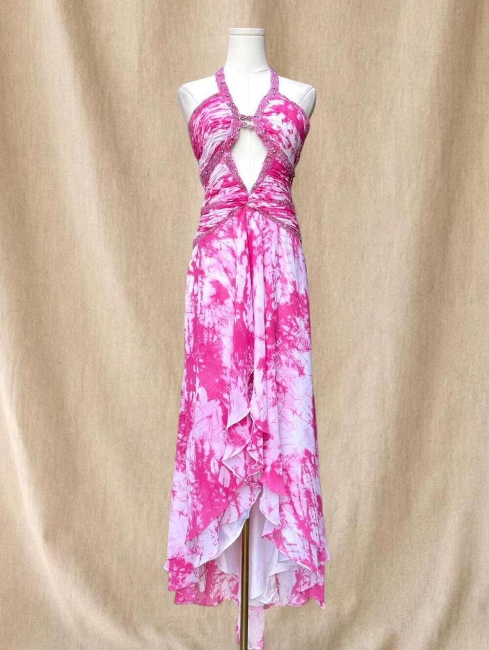 Y2K pink & white tie-dye print maxi dress with halter neck,cutout and front slit